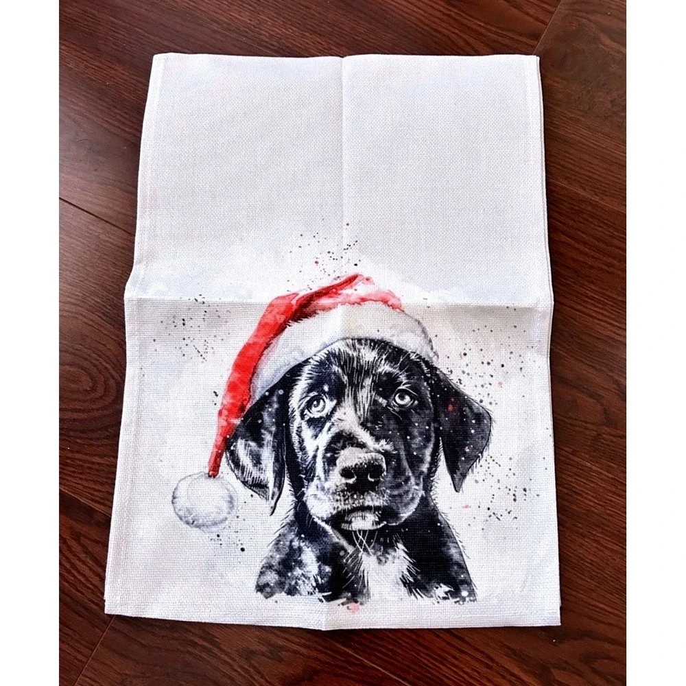 Christmas Black Labrador Puppy Santa Hat Table Runner 13x71 Linen Blend Holiday